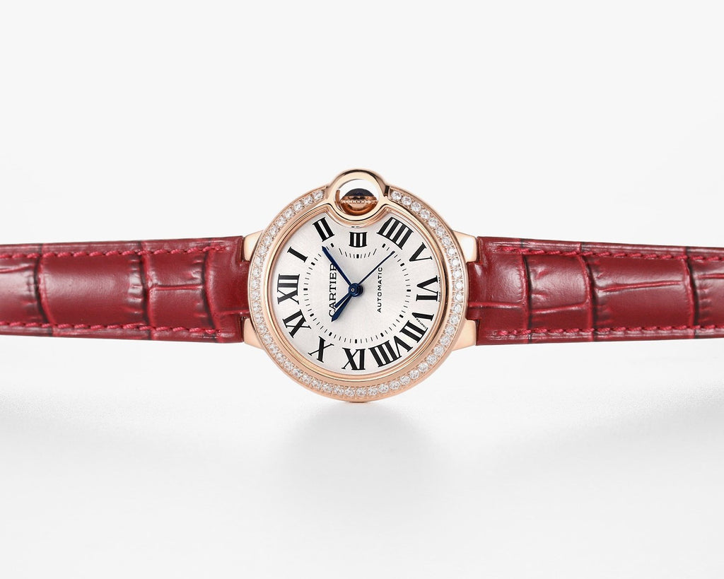 Cartier Ballon Bleu De Cartier Diamonds Silver Dial Red Leather Strap Watch For Women - WJBB0033