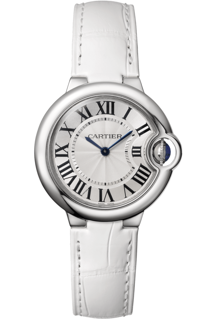 Cartier Ballon Bleu De Cartier Silver Dial White Leather Strap Watch For Women - W6920086