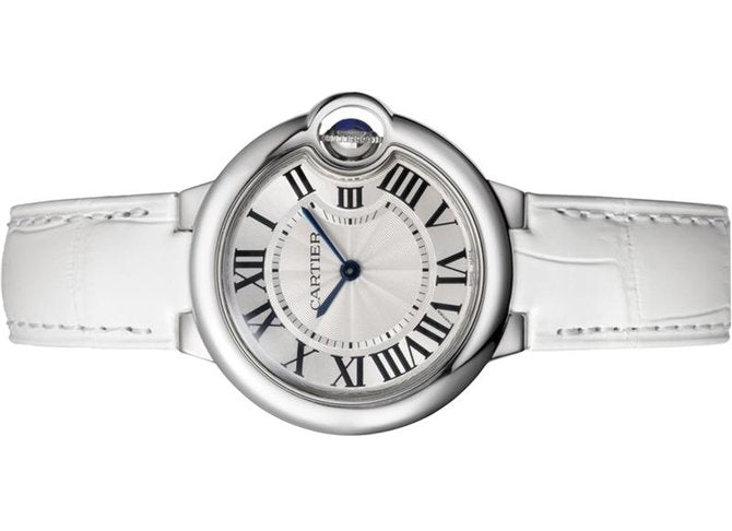 Cartier Ballon Bleu De Cartier Silver Dial White Leather Strap Watch For Women - W6920086