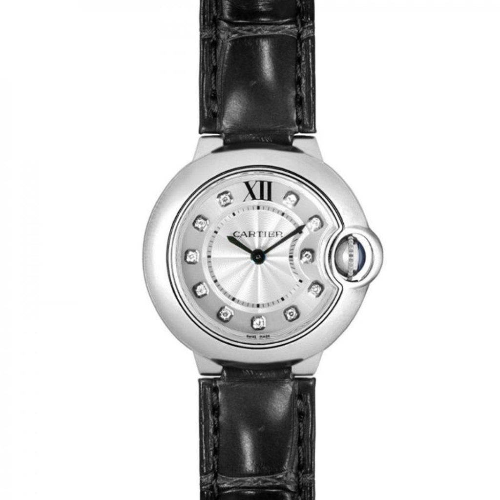 Cartier Ballon Bleu De Cartier Diamonds Silver Dial Black Leather Strap Watch For Women - W4BB0008