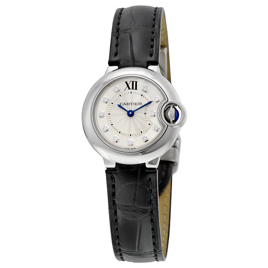 Cartier Ballon Bleu De Cartier Diamonds Silver Dial Black Leather Strap Watch For Women - W4BB0008