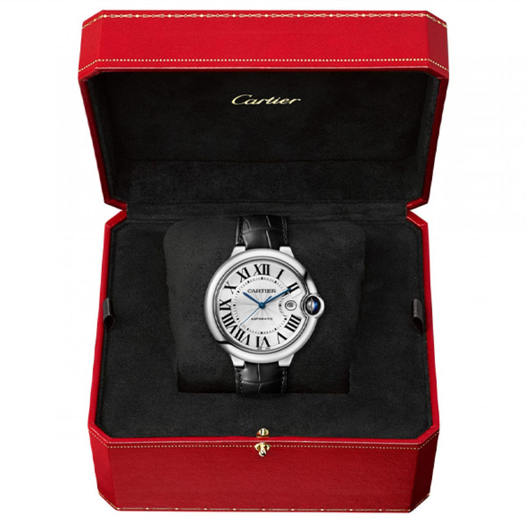 Cartier Ballon Bleu De Cartier Silver Dial Black Leather Strap Watch For Men - WSBB0026