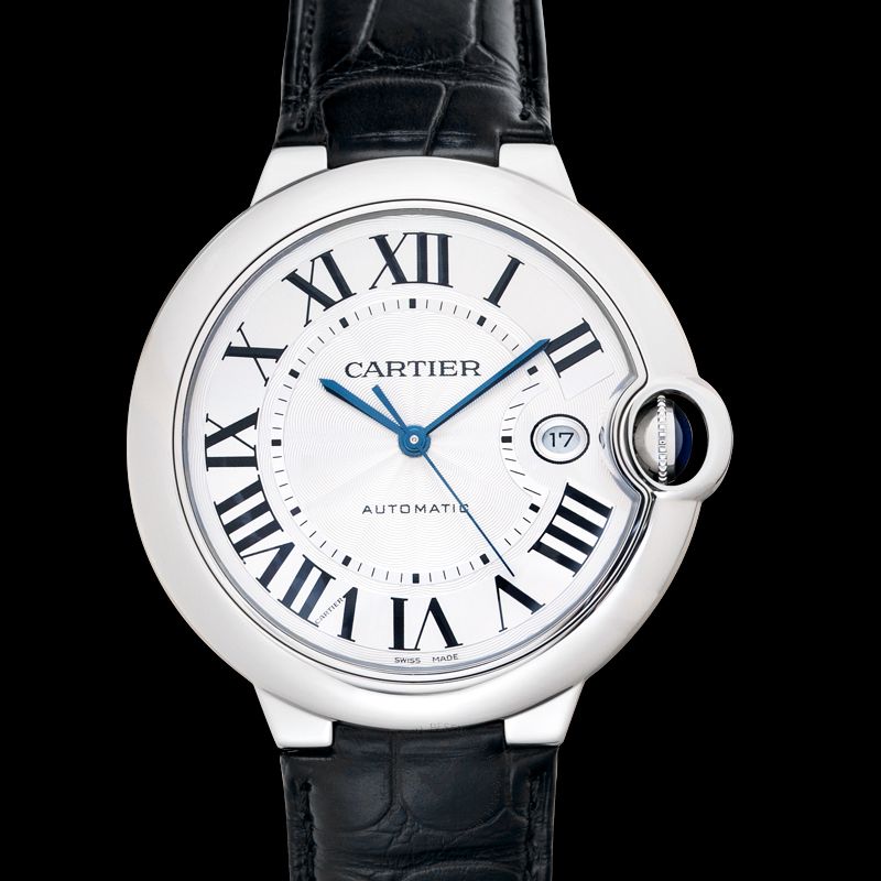 Cartier Ballon Bleu De Cartier Silver Dial Black Leather Strap Watch For Men - WSBB0026
