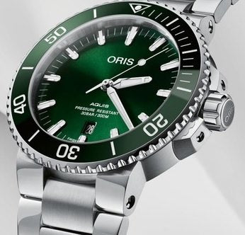 Oris Aquis Date Green Dial Silver Steel Strap Watch For Men - 0173377304157-0782405PEB