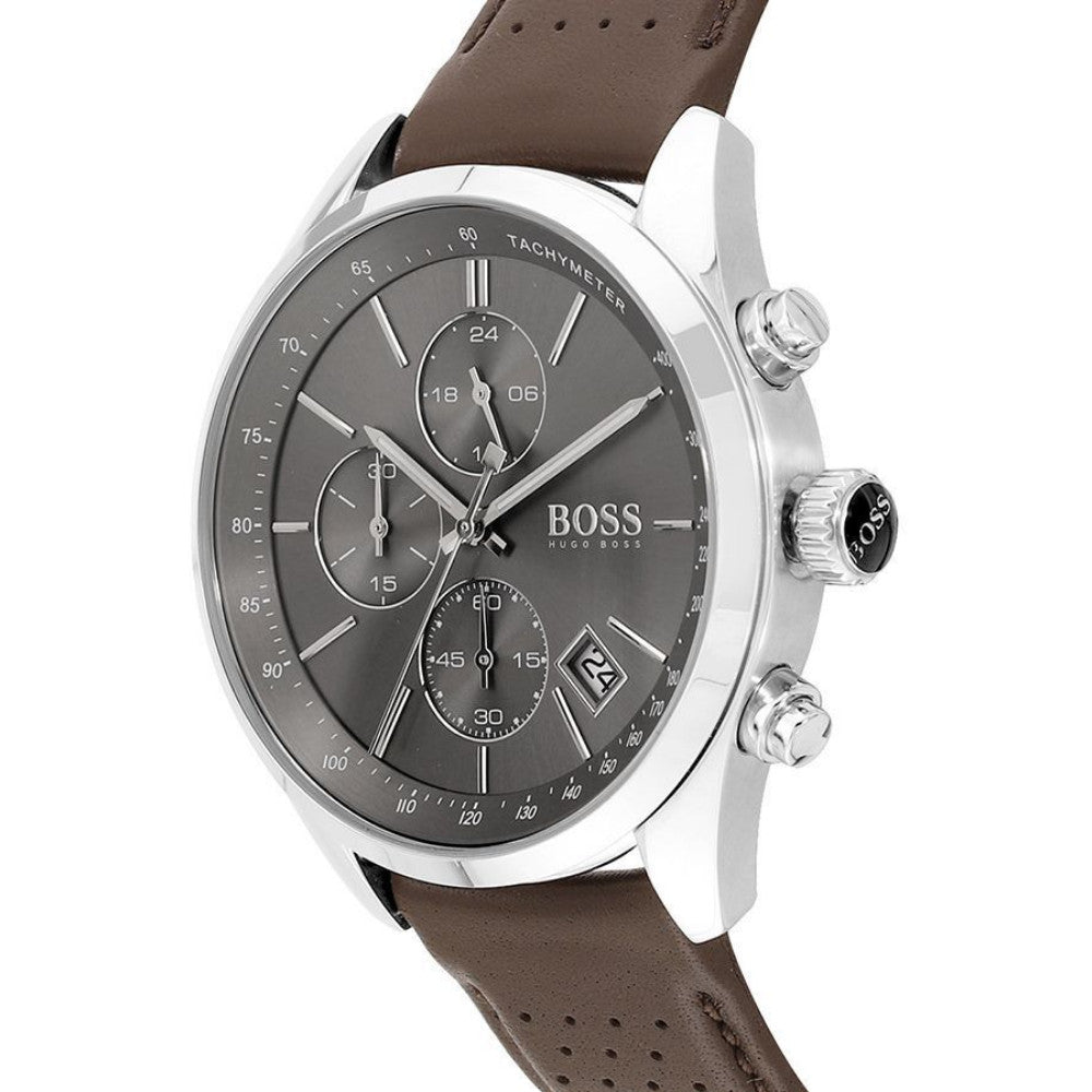 Hugo Boss Grand Prix Grey Dial Brown Leather Strap Watch for Men -  1513476 Watches Hugo Boss   