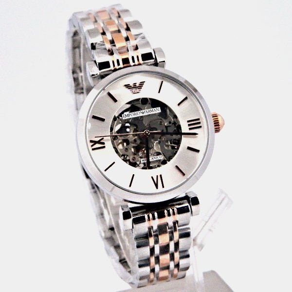 Emporio Armani Gianni T Bar Silver Skeleton Dial Two Tone Strap Watch For Women - AR1992 Watches Emporio Armani   