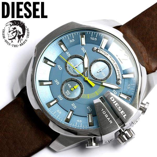 Diesel Mega Chief Light Blue Dial Brown Leather Strap Watch For Men - DZ4281 Watches Diesel   