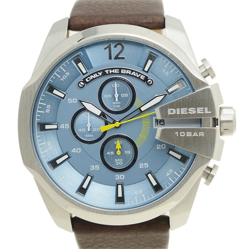 Diesel Mega Chief Light Blue Dial Brown Leather Strap Watch For Men - DZ4281 Watches Diesel   