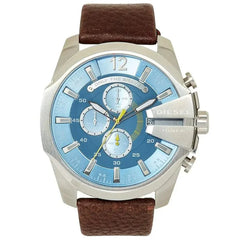 Diesel Mega Chief Light Blue Dial Brown Leather Strap Watch For Men - DZ4281 Watches Diesel   