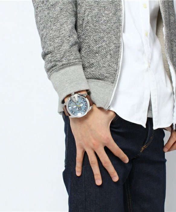 Diesel Mega Chief Light Blue Dial Brown Leather Strap Watch For Men - DZ4281 Watches Diesel   