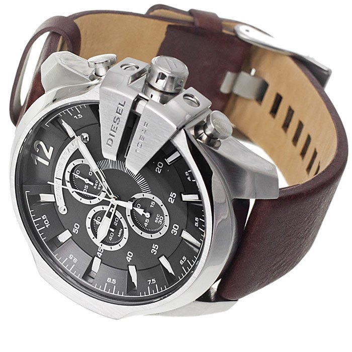 Diesel Mega Chief Black & Silver Round Dial Brown Leather Watch For Men - DZ4290 Watches Diesel   