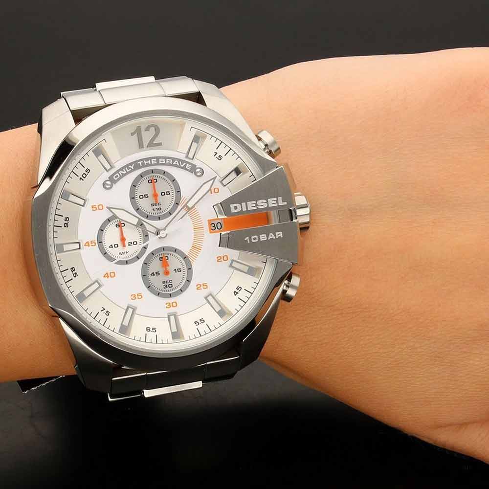 Diesel Mega Chief Quartz Chronograph White Dial Stainless Steel Strap Watch For Men - DZ4328 Watches Diesel   