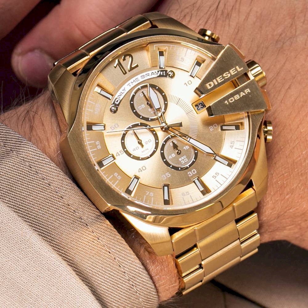 Diesel Mega Chief Gold Dial Gold Stainless Steel Chronograph Watch For Men - DZ4360 Watches Diesel   