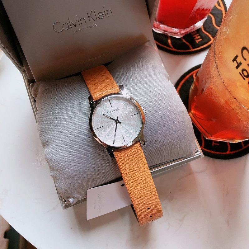 Calvin Klein City Silver Dial Orange Leather Strap Watch for Women - K2G231G6 Watches Calvin Klein   