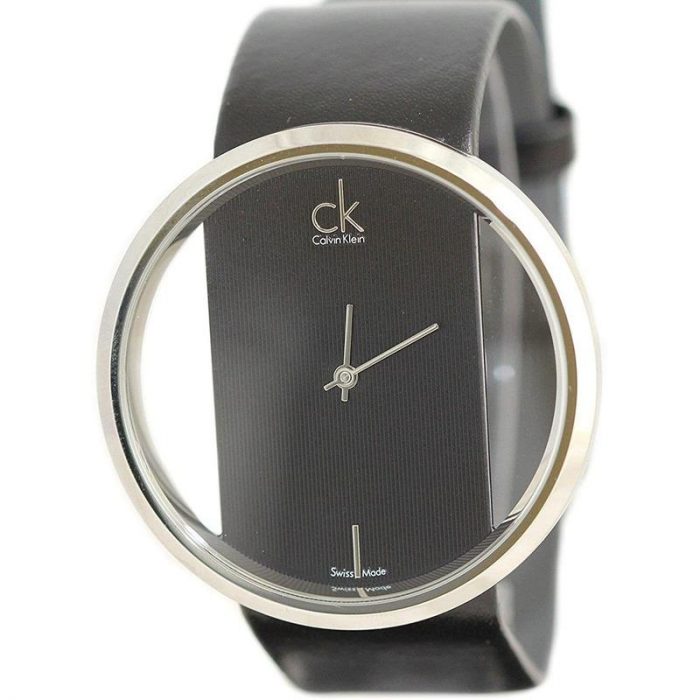 Calvin Klein Glam Transparent Dial Black Leather Strap Watch for Women - K9423107 Watches Calvin Klein   