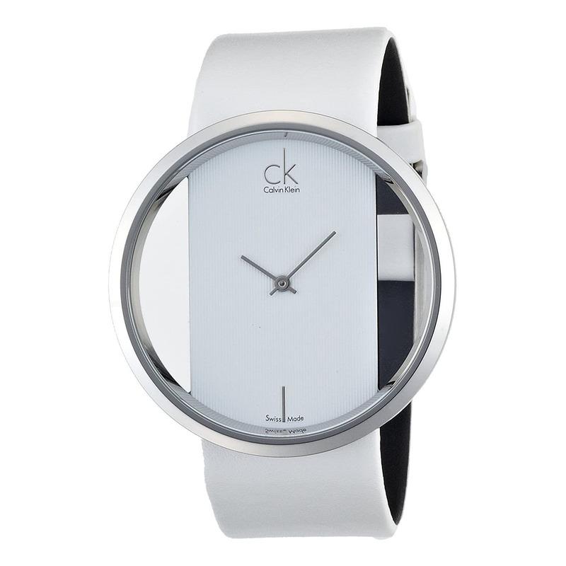 Calvin Klein Glam Transparent Dial White Leather Strap Watch for Women - K9423101 Watches Calvin Klein   