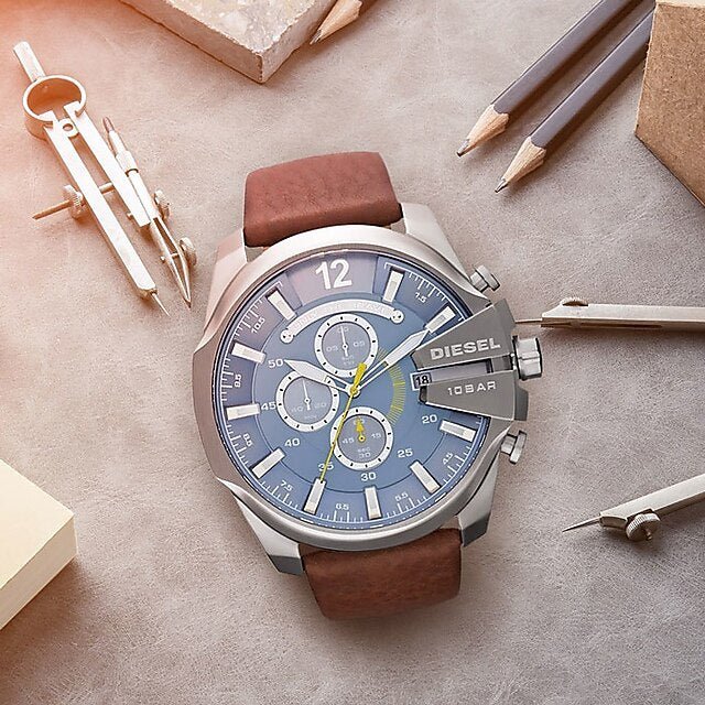 Diesel Mega Chief Light Blue Dial Brown Leather Strap Watch For Men - DZ4281 Watches Diesel   