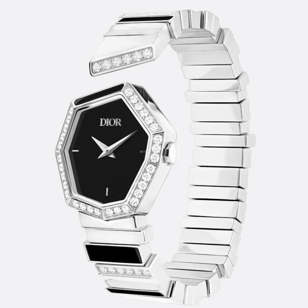 Dior Gem Dior Mother Of Pearl Diamonds Black Dial Silver Steel Strap Watch For Women - CD18111X1058