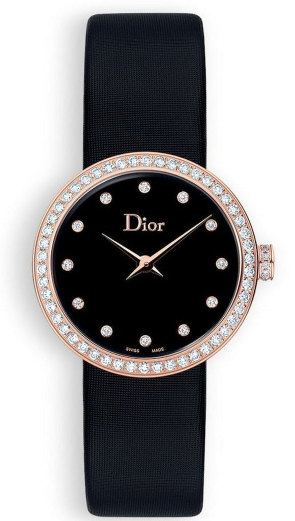 Dior La D De Dior Diamonds Black Dial Black Leather Strap Watch For Women - CD047170A005 0000