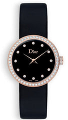 Dior La D De Dior Diamonds Black Dial Black Leather Strap Watch For Women - CD047170A005 0000
