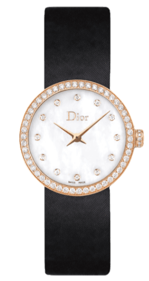 Dior La D De Dior Mother Of Pearl Diamonds White Dial Black Leather Strap Watch For Women - CD047170A001 0000