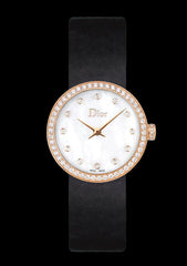 Dior La D De Dior Mother Of Pearl Diamonds White Dial Black Leather Strap Watch For Women - CD047170A001 0000
