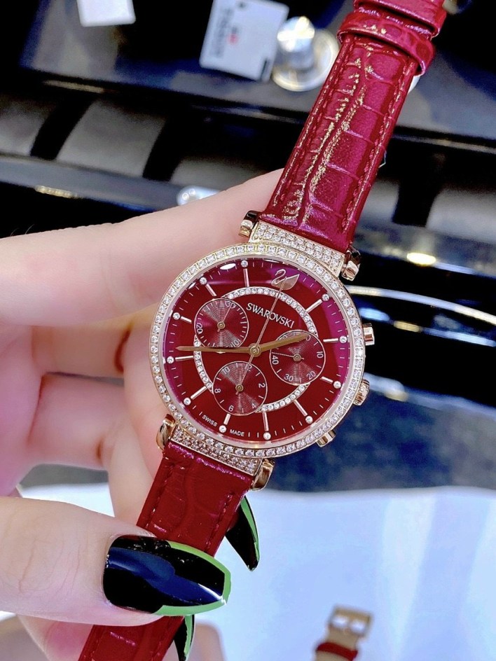 Swarovski Passage Chrono Red Dial Red Leather Strap Watch for Women - 5580345 Watches Swarovski   
