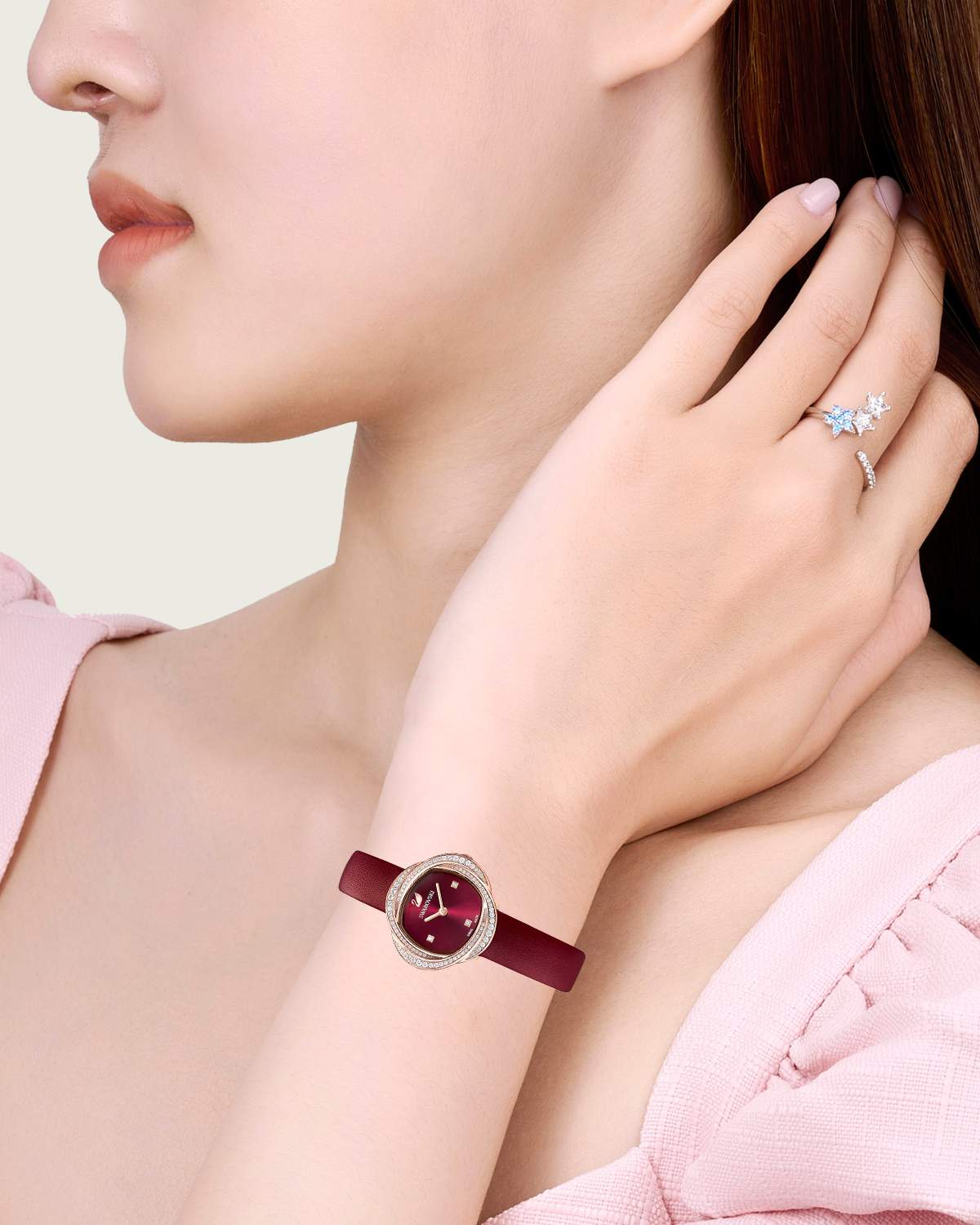 Swarovski Crystal Flower Red Dial Red Leather Strap Watch for Women - 5552780 Watches Swarovski   