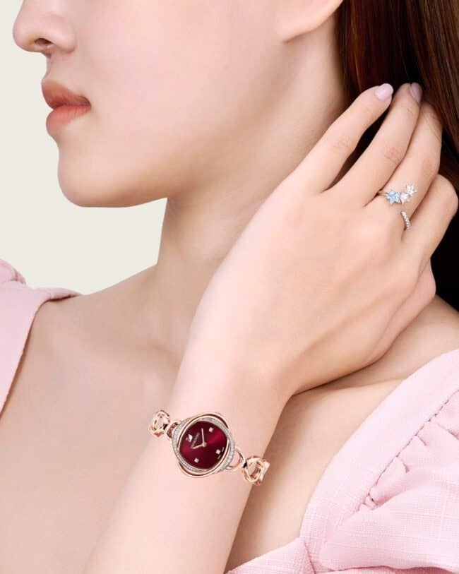 Swarovski Crystal Flower Red Dial Rose Gold Steel Strap Watch for Women - 5552783 Watches Swarovski   