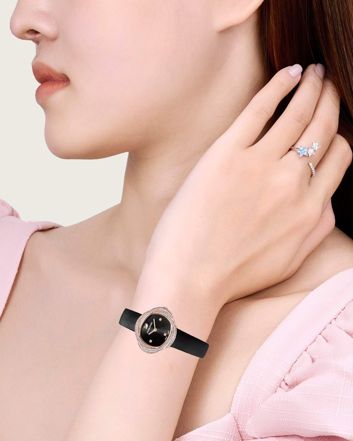 Swarovski Crystal Flower Black Dial Black Leather Strap Watch for Women - 5552421 Watches Swarovski   