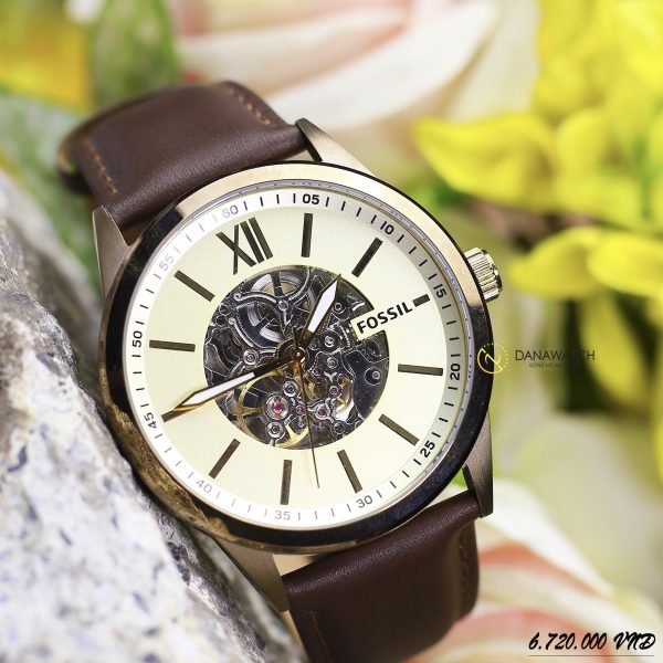 Fossil Flynn Mechanical Skeleton Champagne Dial Brown Leather Strap Watch for Men - BQ2215 Watches Fossil   