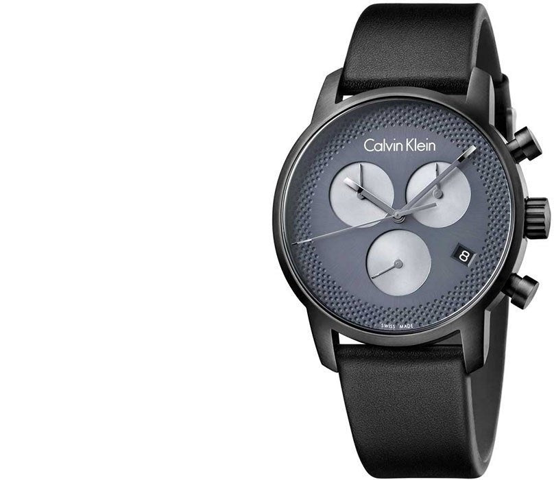 Calvin Klein City Chronograph Grey Dial Black Leather Strap Watch for Men - K2G177C3 Watches Calvin Klein   