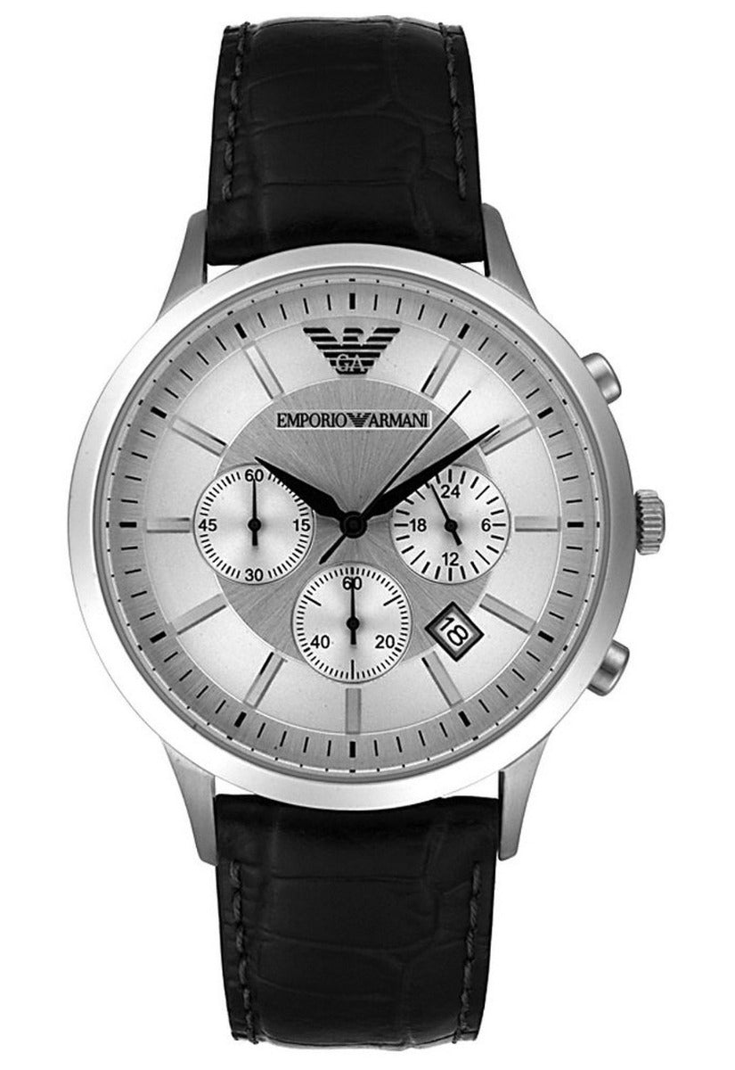 Emporio Armani Classic Chronograph Silver Dial Black Leather Strap Watch For Men - AR2432 Watches Emporio Armani   