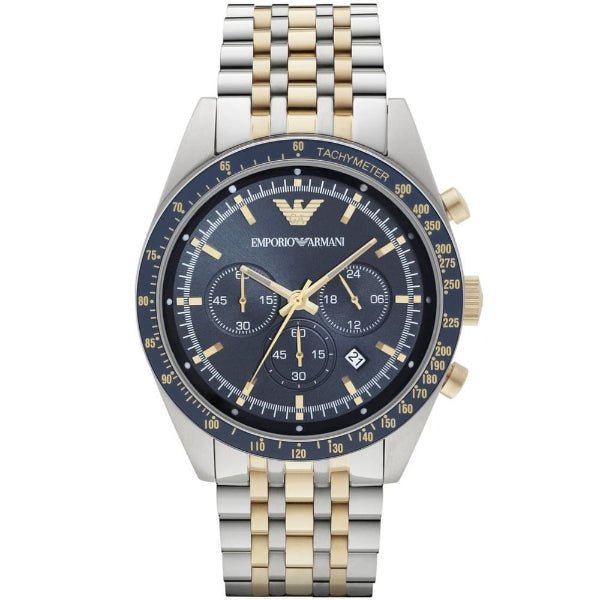 Emporio Armani Tazio Chronograph Blue Dial Two Tone Stainless Steel Watch For Men - AR6088 Watches Emporio Armani   