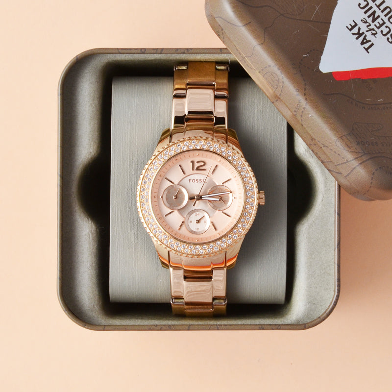 Fossil Stella Rose Gold Dial Rose Gold Steel Strap Watch for Women - ES3590 Watches Fossil   