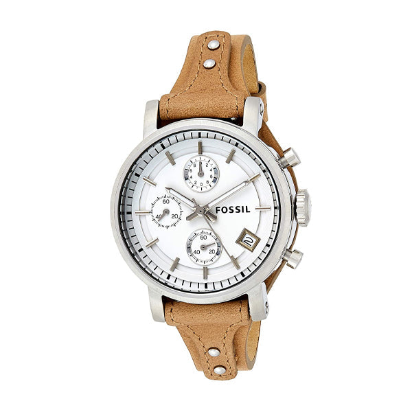 Fossil Boyfriend Chronograph White Dial Brown Leather Strap Watch for Women - ES3625 Watches Fossil   