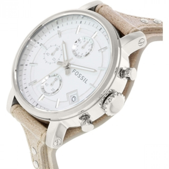 Fossil Boyfriend Chronograph White Dial Brown Leather Strap Watch for Women - ES3625 Watches Fossil   