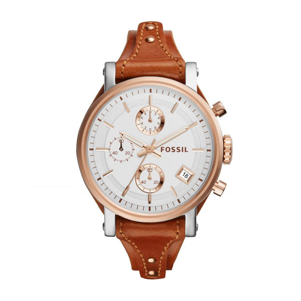 Fossil Boyfriend Chronograph White Dial Brown Leather Strap Watch for Women - ES3837 Watches Fossil   