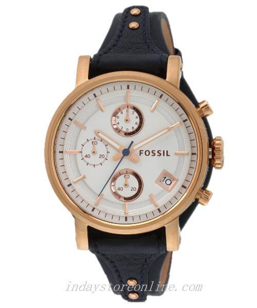 Fossil Original Boyfriend Chronograph White Dial Navy Blue Leather Strap Watch for Women - ES3838 Watches Fossil   