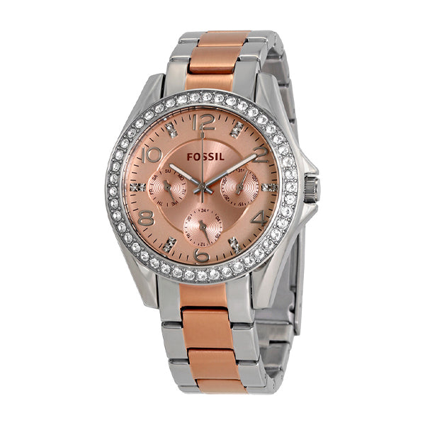 Fossil Riley Multifunction Rose Gold Dial Two Tone Steel Strap Watch for Women - ES4145 Watches Fossil   