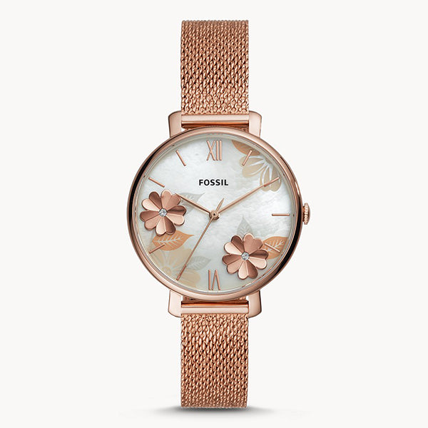 Fossil Jacqueline Three-Hand White Dial Rose Gold Mesh Bracelet Watch for Women - ES4534 Watches Fossil   