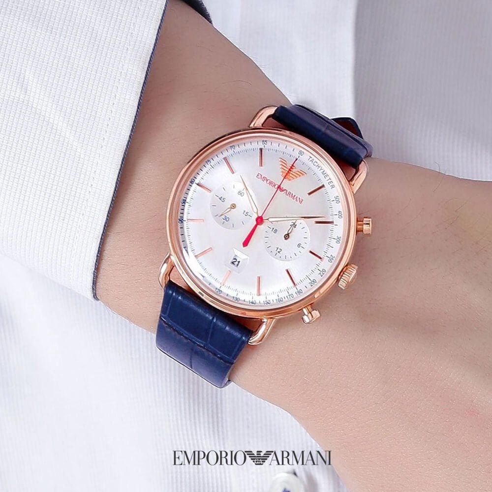 Emporio Armani Aviator Silver Dial Blue Leather Strap Watch For Men - AR11123 Watches Emporio Armani   