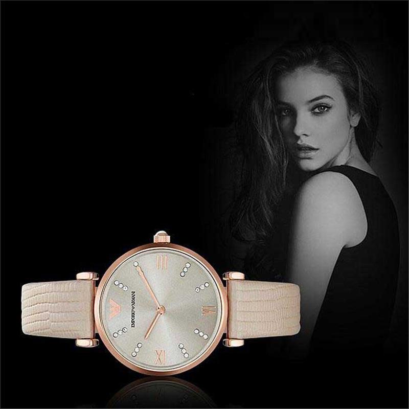 Emporio Armani Gianni T Bar Gunmetal Dial Beige Leather Strap Watch For Women - AR1681 Watches Emporio Armani   