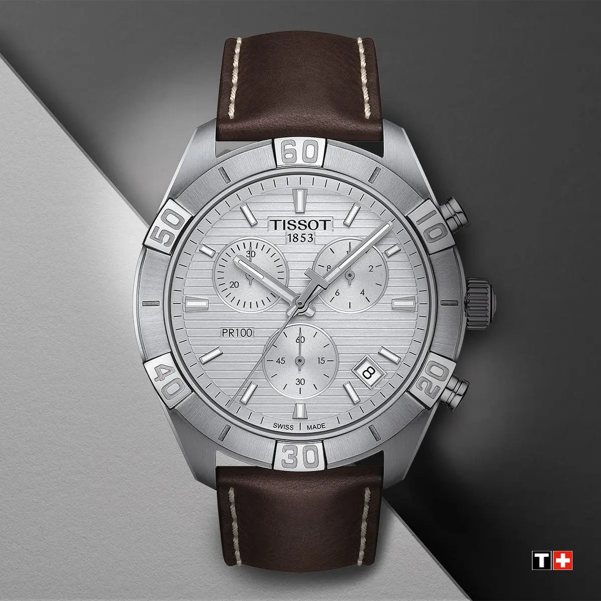 Tissot PR 100 Sport Quartz Chronograph Silver Dial Brown Leather Strap Watch For Men - T101.617.16.031.00 Watches Tissot   