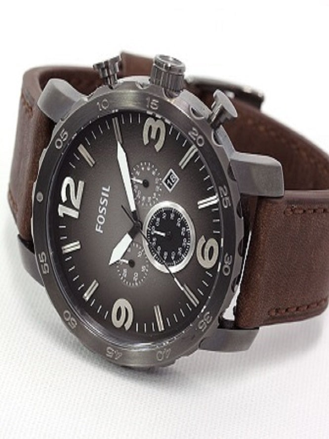 Fossil Nate Chronograph Grey Dial Brown Leather Strap Watch for Men - JR1424 Watches Fossil   