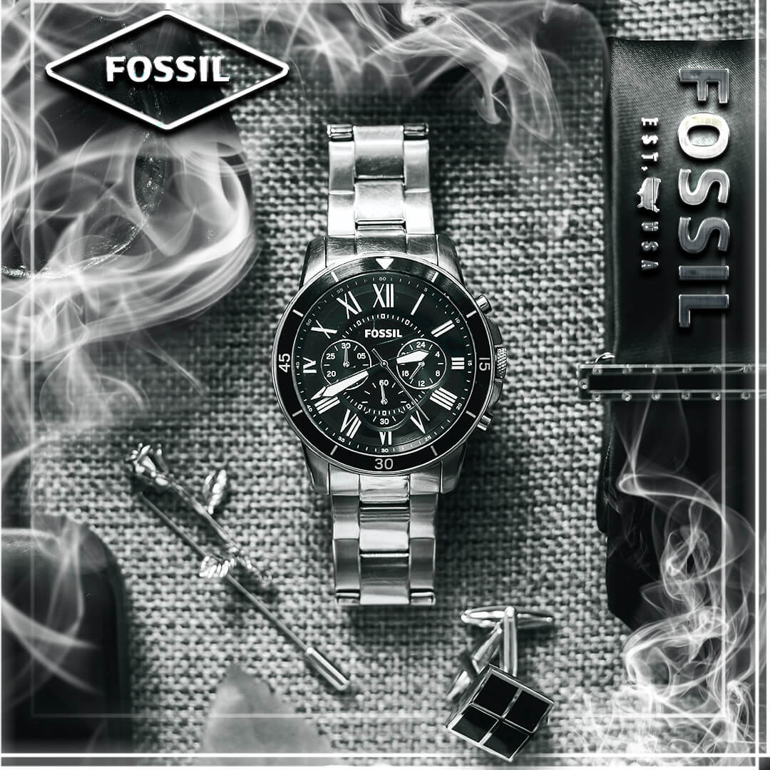 Fossil Grant Sport Chronograph Black Dial Silver Steel Strap Watch for Men - FS5236 Watches Fossil   