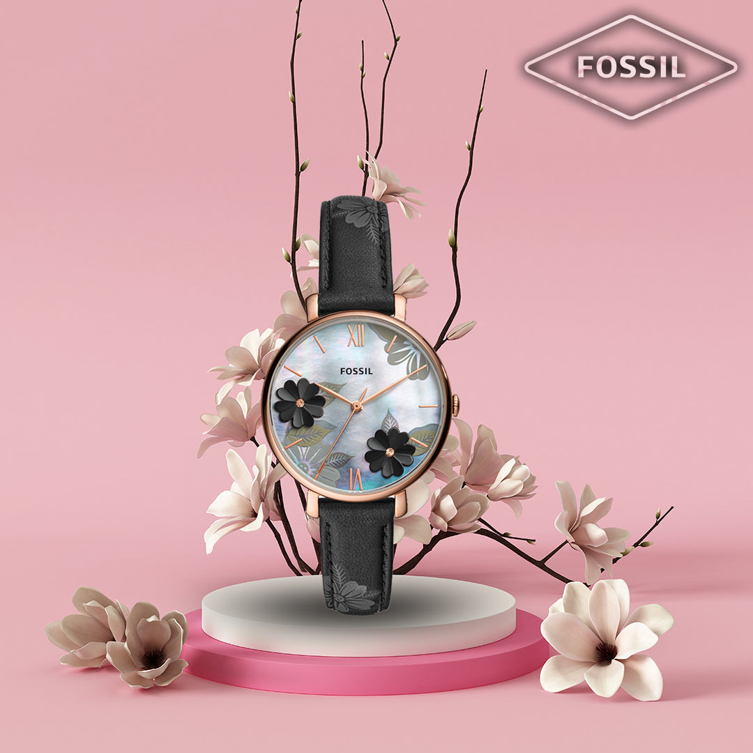 Fossil Jacqueline Mother of Pearl Dial Black Leather Strap Watch for Women - ES4535 Watches Fossil   