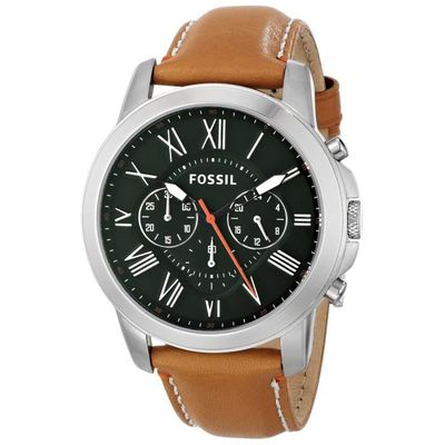 Fossil Grant Chronograph Green Dial Brown Leather Strap Watch for Men - FS4918 Watches Fossil   