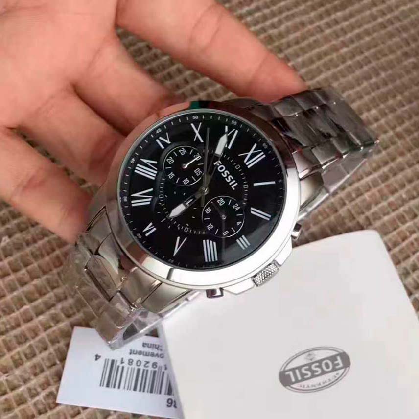 Fossil Grant Chronograph Black Dial Silver Steel Strap Watch for Men - FS4736 Watches Fossil   