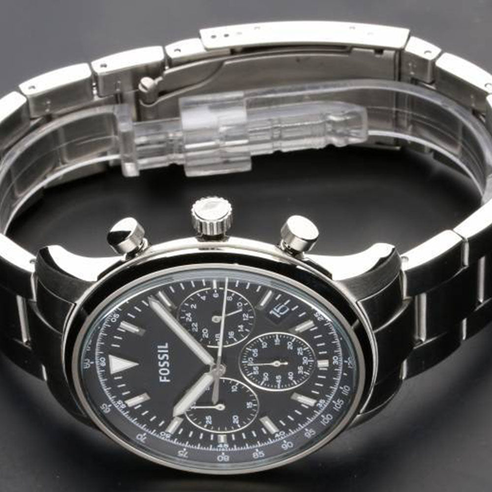 Fossil Goodwin Chronograph Black Dial Silver Steel Strap Watch for Men - FS5412 Watches Fossil   